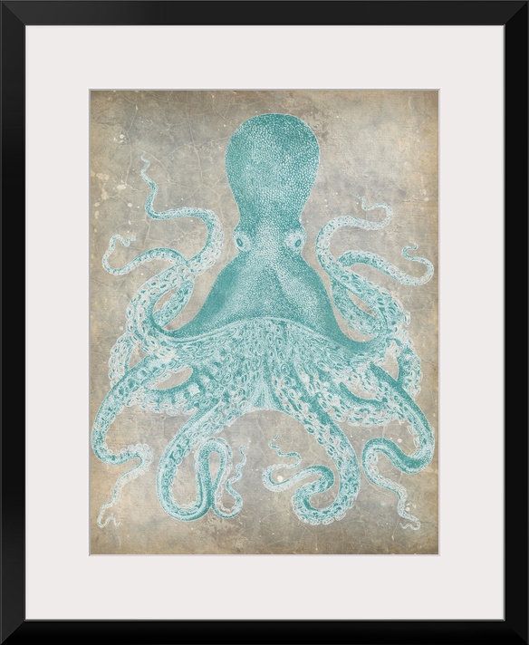 Vintage stylized octopus in a pale blue against a neutral background.