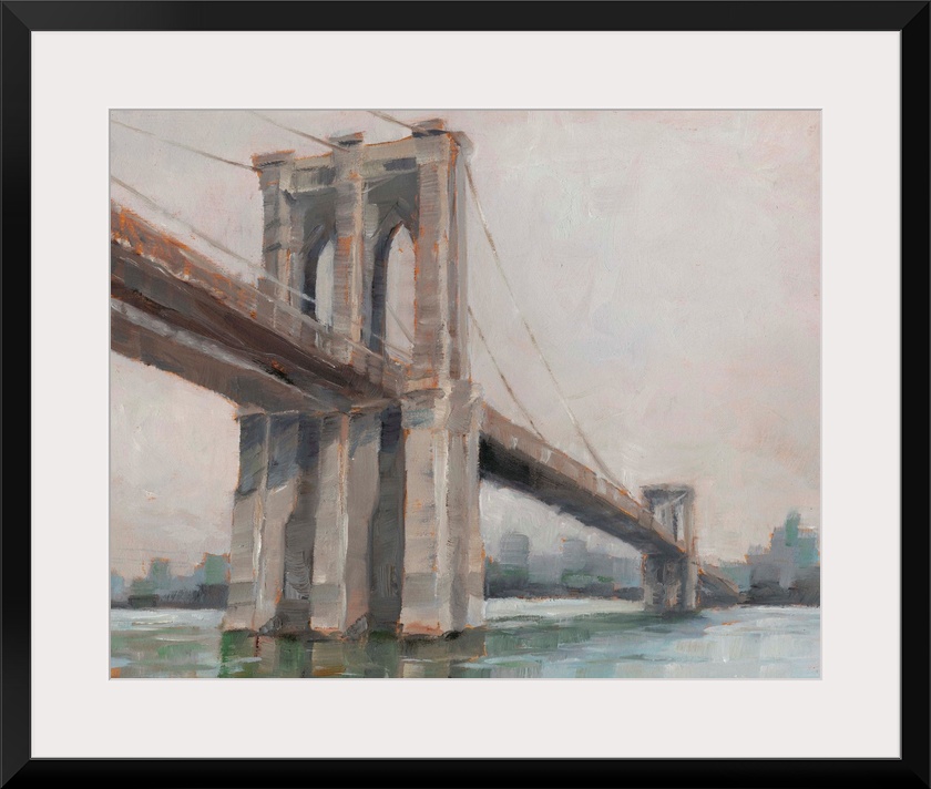 A picturesque painting of Brooklyn Bridge in New York, in subdue colors with the city in the background.