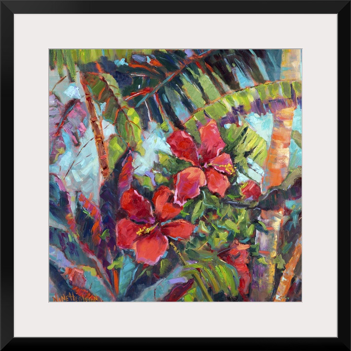 Contemporary artwork of tropical hibiscus flowers in a jungle.