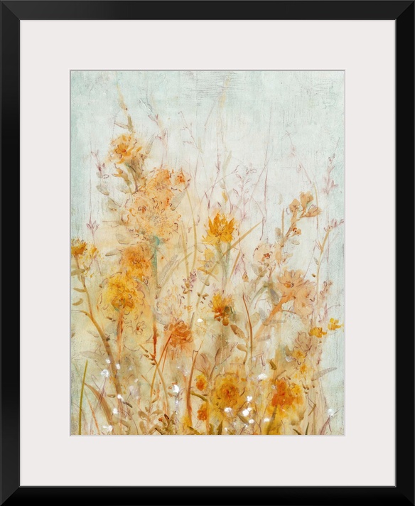 Contemporary painting of pale orange and yellow flowers.