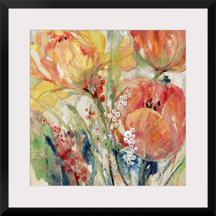 Contemporary abstract painting of orange and yellow tulips blooming in spring.