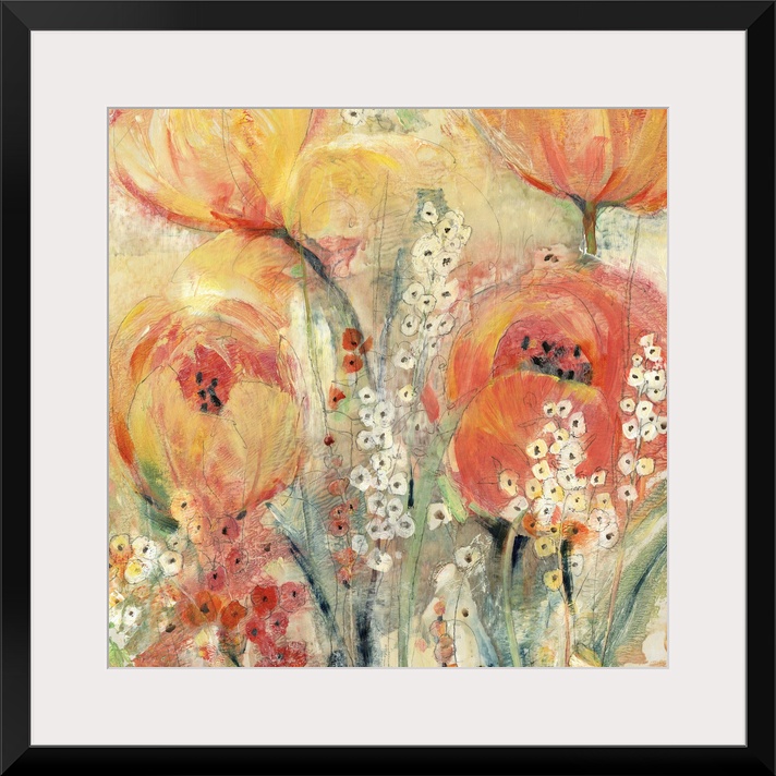 Contemporary abstract painting of orange and yellow tulips blooming in spring.