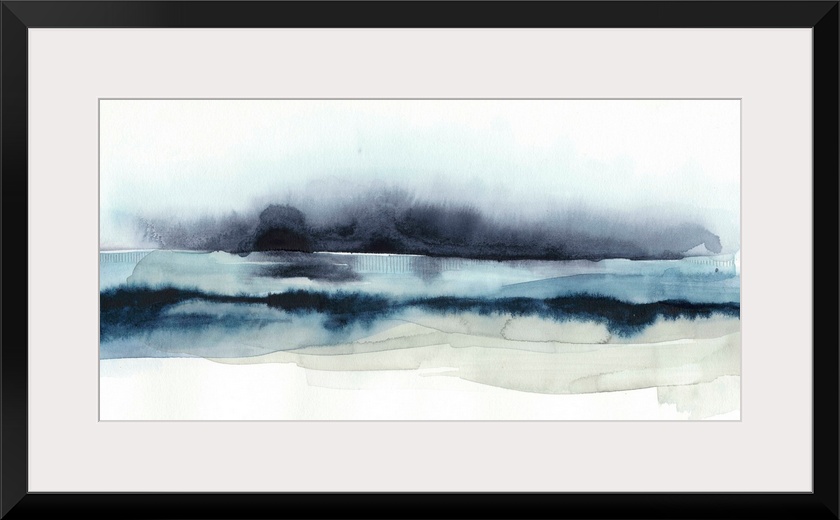 Abstract artwork in dark navy and pale beige, reminiscent of dark storm clouds over the coast.
