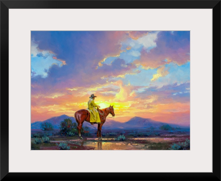 Painting of man in trench coat on horse in desert at sunset.  There are mountains in the distance.