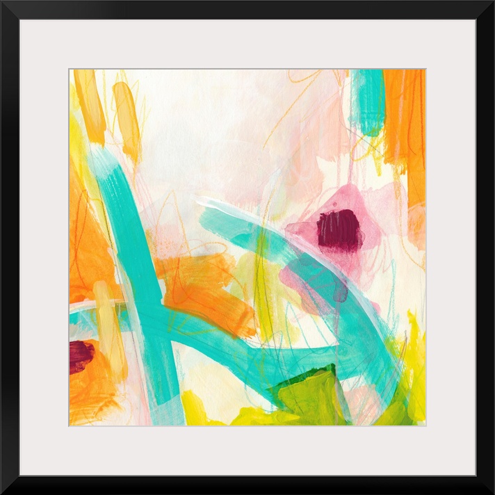 Abstract painting using vibrant colors such as orange and teal to create wild shapes using broad strokes.