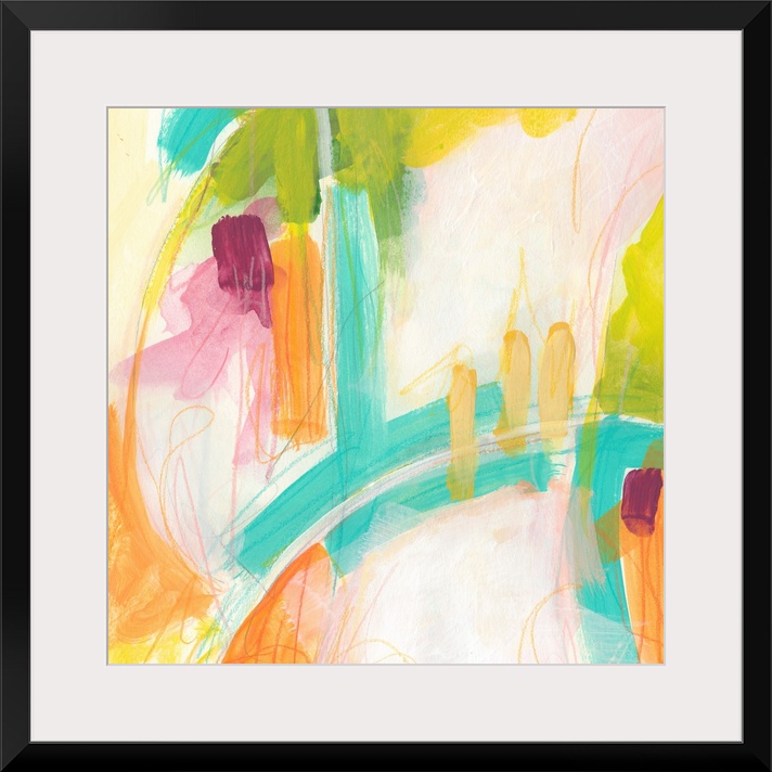 Abstract painting using vibrant colors such as orange and teal to create wild shapes using broad strokes.