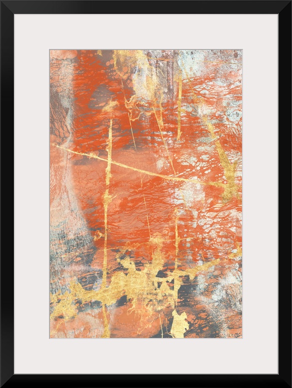 Contemporary abstract painting in bold, rusty orange and gold with a weathered effect.