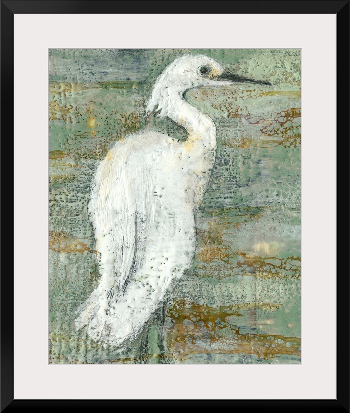 Contemporary artwork of a white heron against a weathered dark background.