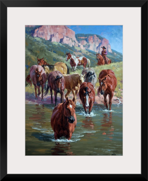 Contemporary Western artwork of a herd of wild horses forging a river, being herded by a cowboy.