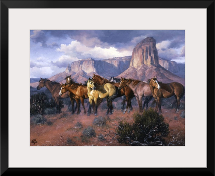 Contemporary Western artwork of a herd of wild horses in a canyon standing alert and still.