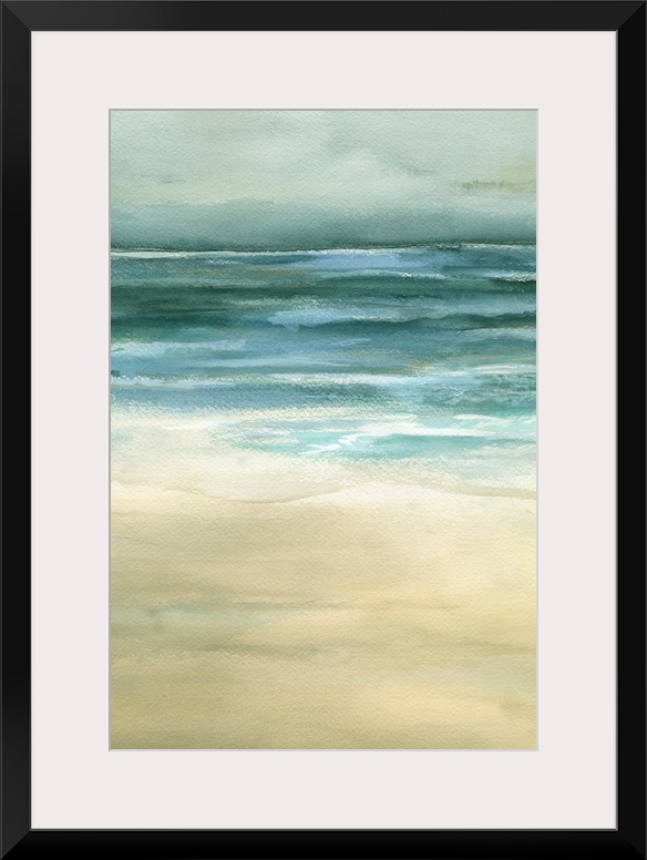 Beautiful artwork of a seascape that uses duller colors to paint the ocean and sand.