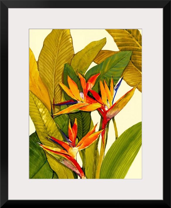 A painting by a contemporary artist of tropical plants and flowers against blank backdrop in this vertical photograph.