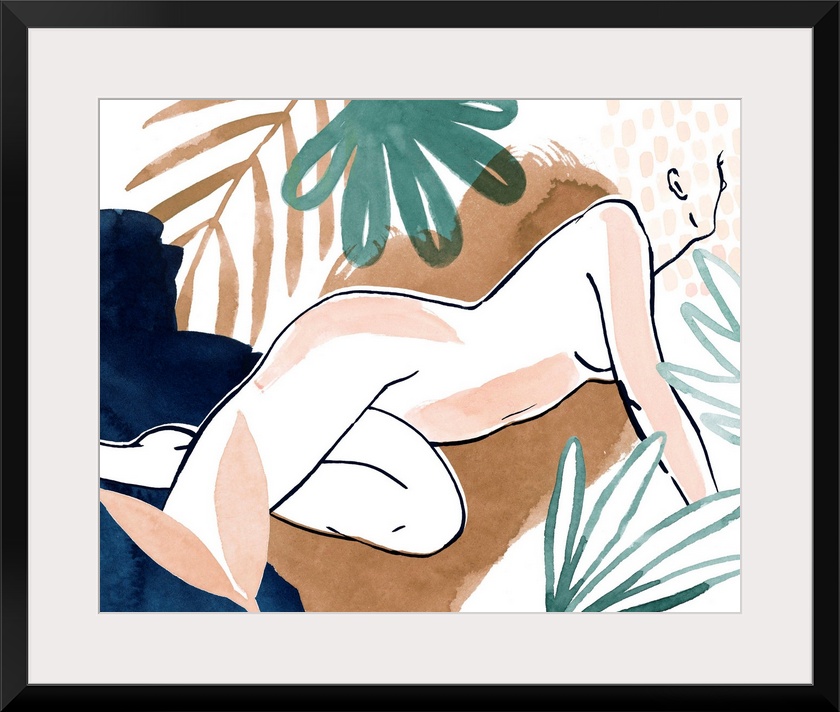 Contemporary outline of an abstracted female figure with tropical foliage in the background and foreground.