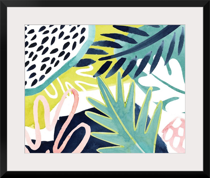 Bright tropical abstract leaf patterns on a white background.