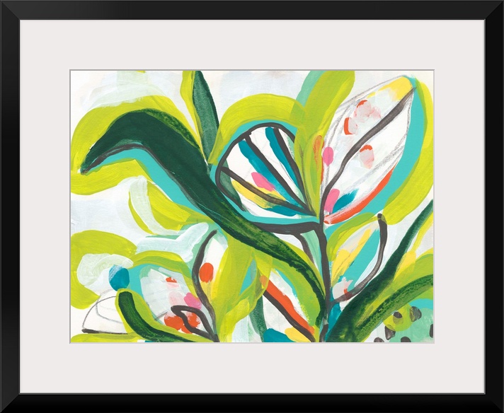 Contemporary abstract painting with tropical floral shapes in vibrant green hues.