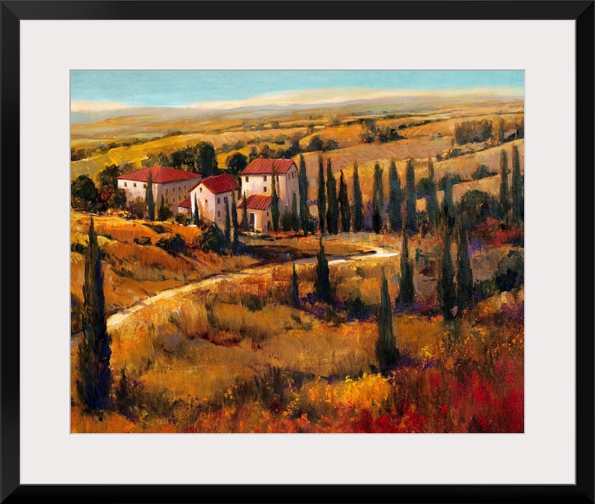 Painting of the land surrounding a villa in Tuscany.