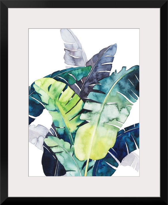 Watercolor tropical leaves in purple, blue and green flutter in the wind over a white background in this contemporary artw...