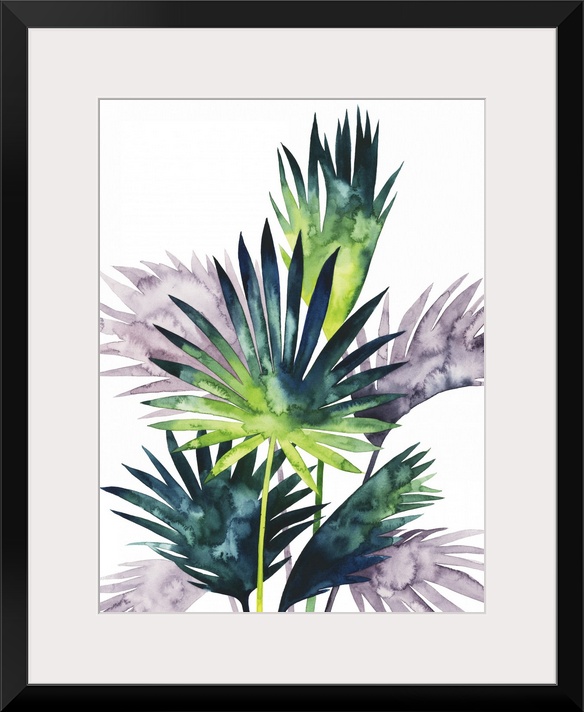 Watercolor tropical leaves in purple, blue and green flutter in the wind over a white background in this contemporary artw...