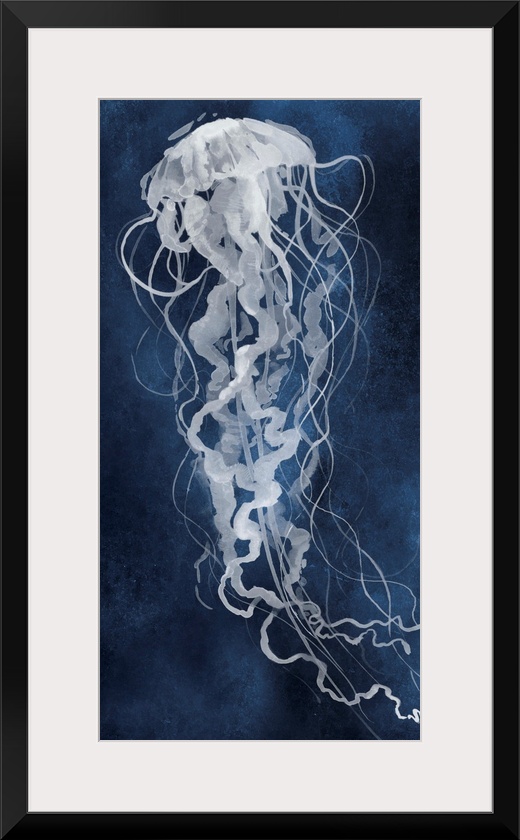 Large panel watercolor painting of a white jellyfish on an indigo background.