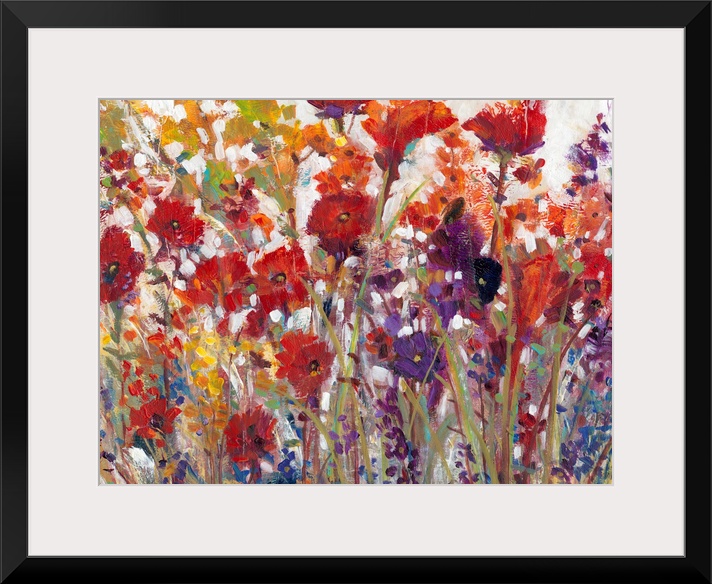 This decorative artwork features sprouting bright wildflowers made from whimsical brush strokes with a crackling texture t...