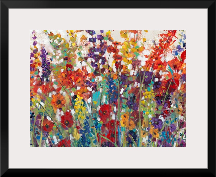 This decorative artwork features sprouting bright wildflowers made from whimsical brush strokes with a crackling texture t...