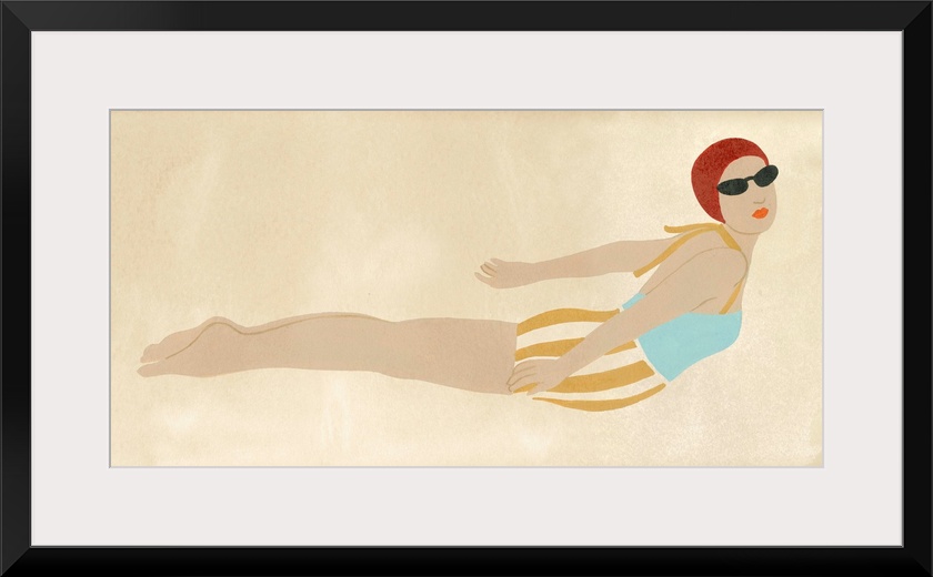 Vintage style illustration of a woman in a trendy bathing suit in mid-dive.