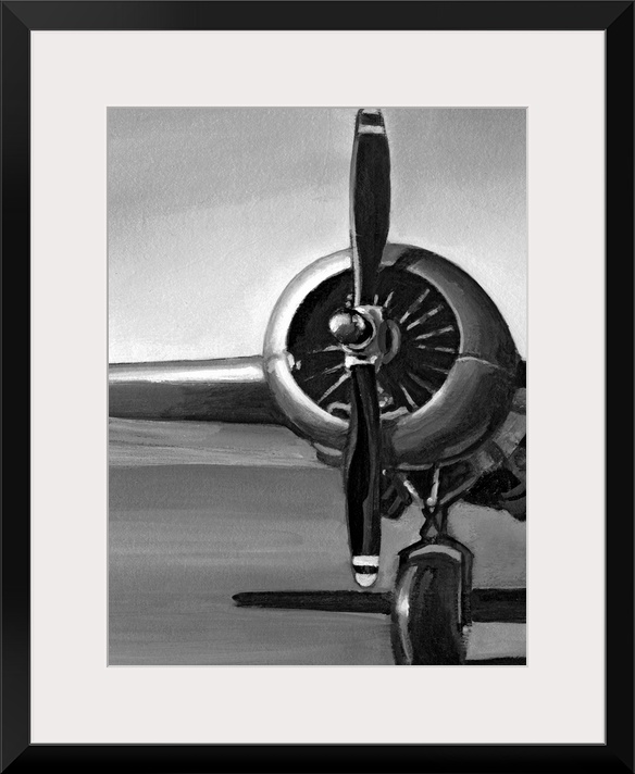 Vertical, oversized artwork of a wing, propeller and wheel on a vintage airplane, casting a shadow on the ground.