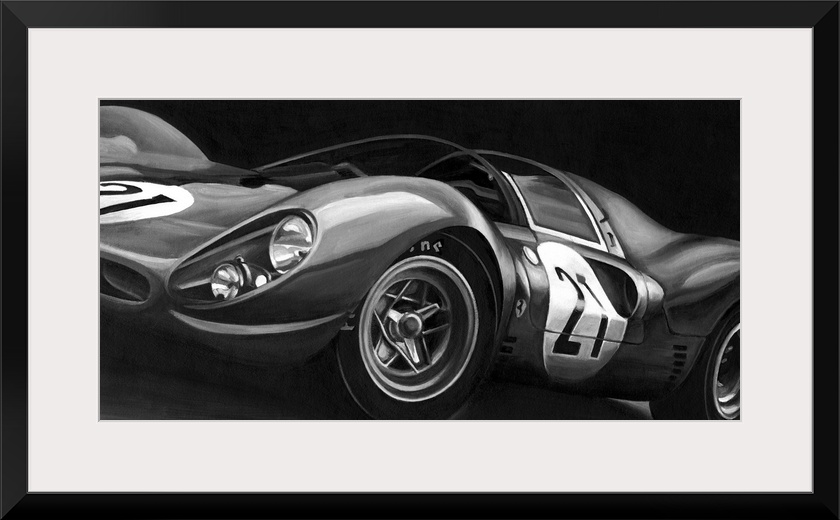 Landscape, large vintage art in black and white of the side view of a rounded race car with the number twenty one.