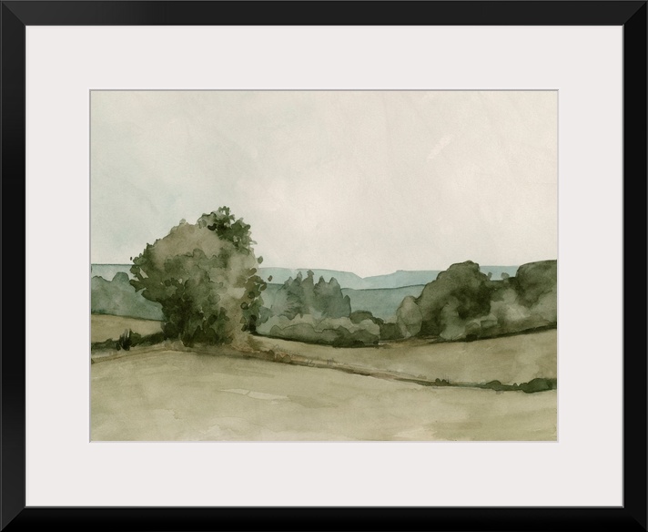 A transitional pastoral scene of trees and hedges under a cloudy sky, in an abstract watercolor style
