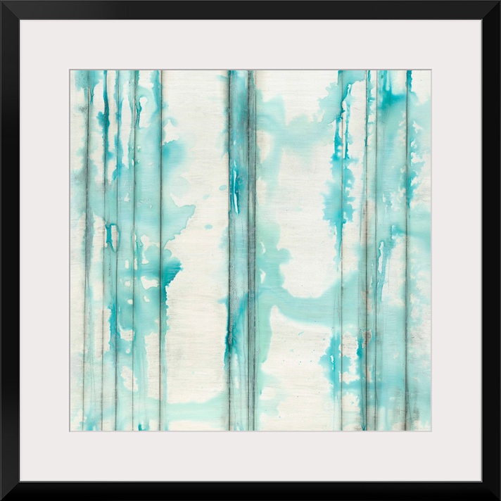 Square abstractly painted canvas of vertical lines with splattered watercolor paint on top.