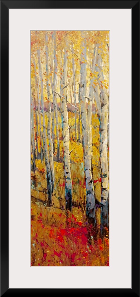 This vertical painting of white barked trees in a narrow landscape of autumn colored grass.