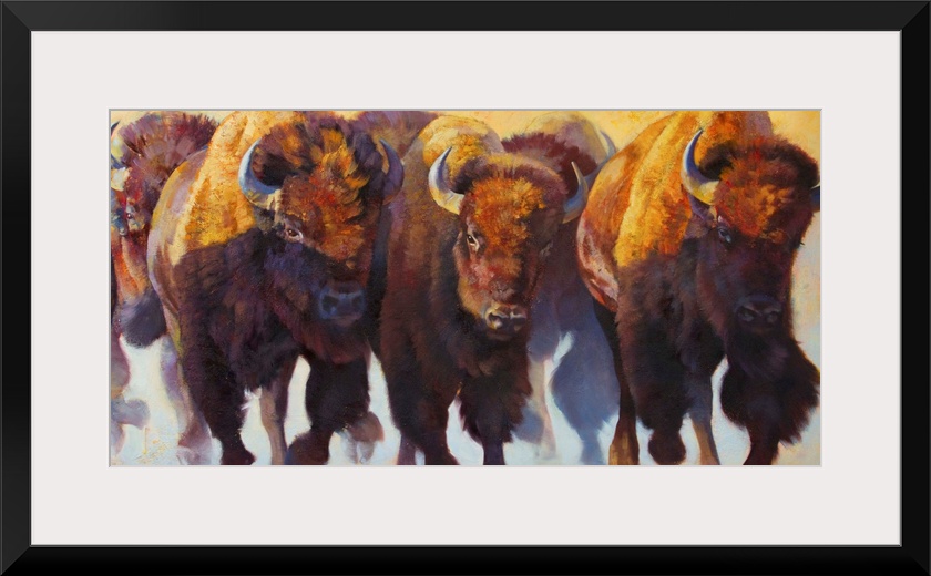 Painting on canvas of bison and buffalos running in a pack.