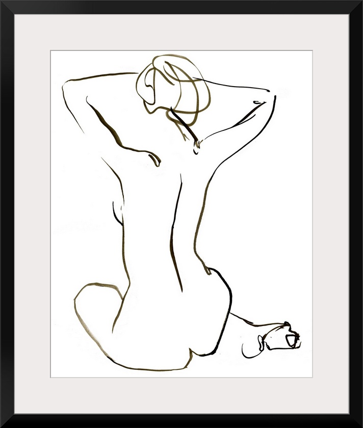 Abstracted nude seated figure on a white background.