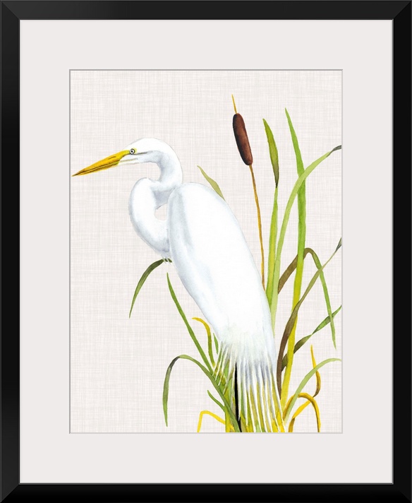 Painting of a white egret standing in tall reeds.