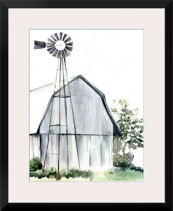 This watercolor painting features a serene barn with a windmill.