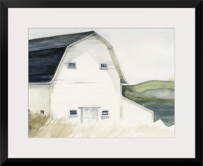 Watercolor landscape featuring a white barn in a field with rolling hills in the background.