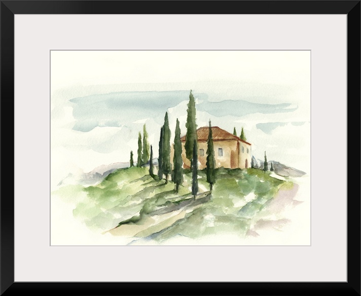 This watercolor artwork illustrates the beauty and simplicity of a Tuscan countryside with contrasting warm and cool color...