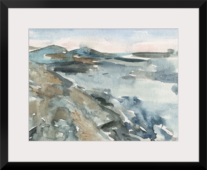 Contemporary watercolor landscape of a mountainous landscape.