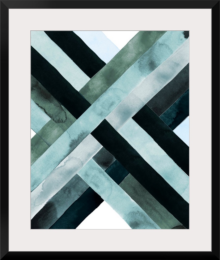 Abstract watercolor artwork of woven bands in black and blue shades, forming an X shape.