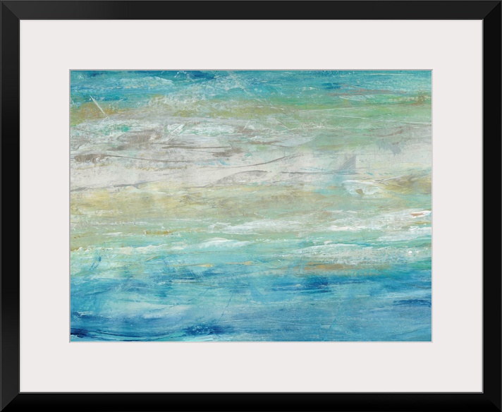 This abstract artwork expresses the turmoil of waves on the ocean by using a ranges of blues and tans in energetic brush s...