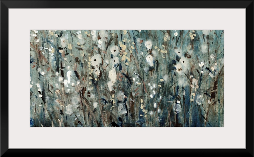 Contemporary painting of several flowers in a field, in blue and grey tones.