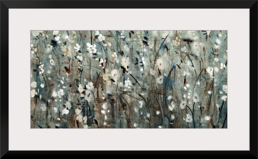 Contemporary painting of several flowers in a field, in blue and grey tones.