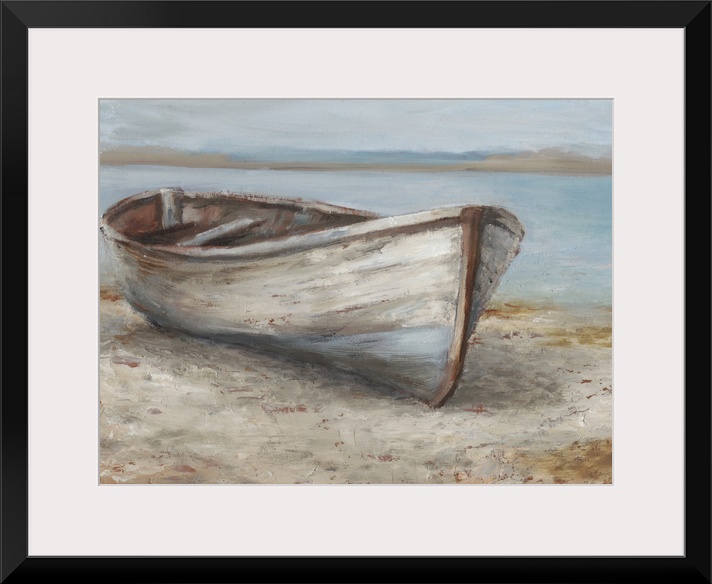 A tranquil, coastal scene of an old wooden rowboat pulled up onto the sand. It features neutral tones and a peaceful compo...