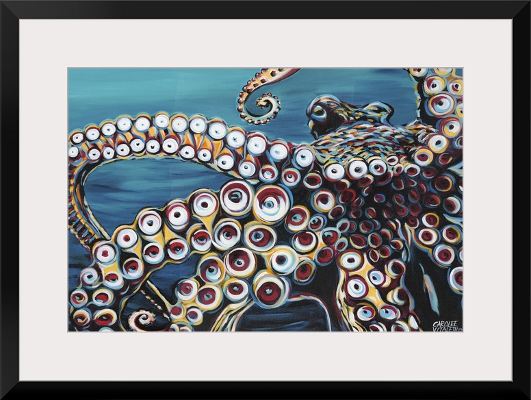 Contemporary painting of an octopus up close, highlighting its circular suctioned tentacles.