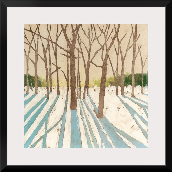 Contemporary painting of a winter snowscape with the shadows of the trees in the foreground.