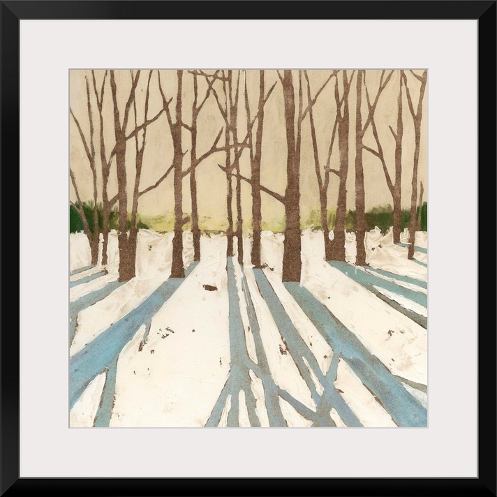 Contemporary painting of a winter snowscape with the shadows of the trees in the foreground.