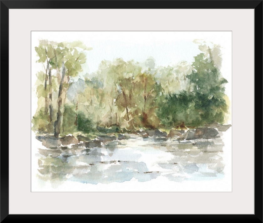 Watercolor abstract landscape in muted earth tones and blues.