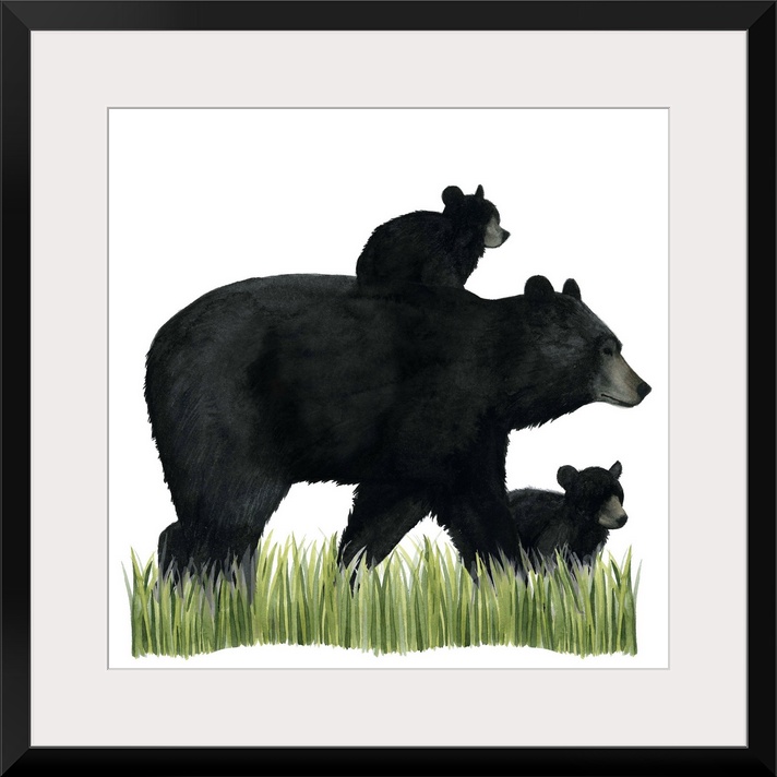 Watercolor portrait of a bear and its cub on a grassy landscape.