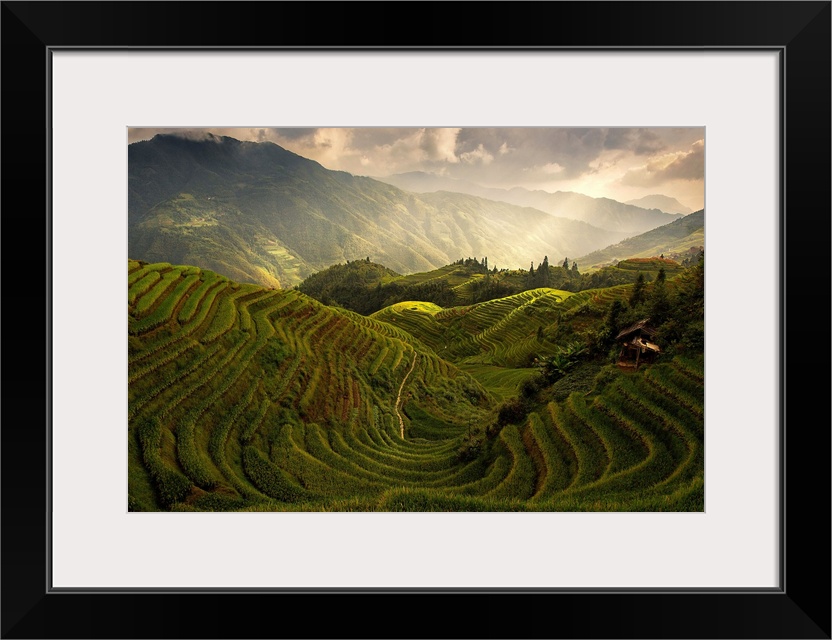 A scenic of china's countryside from the top of a rice terrace.