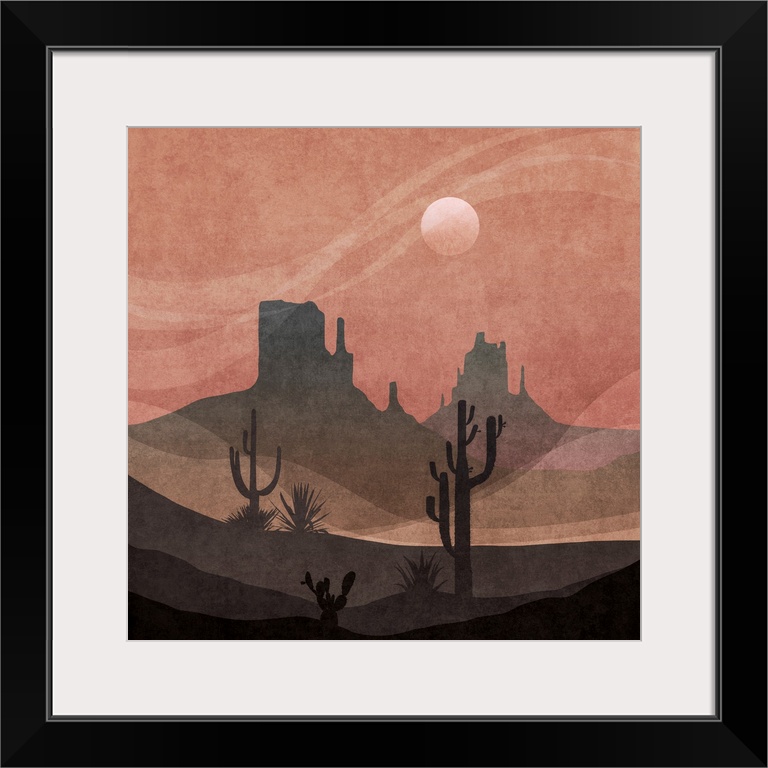 A stylized graphic desert scene in layers of greys and dark rose pink - a contemporary illustration in warm shades.